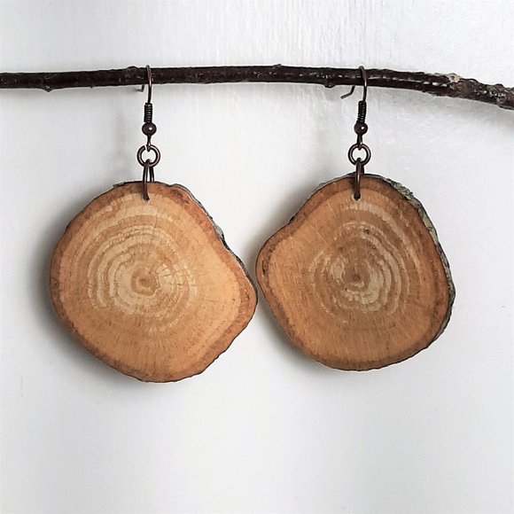 Christmas SALE Wood Slice Earrings Dangle Statement Jewelry Nature - Picture 5 of 6